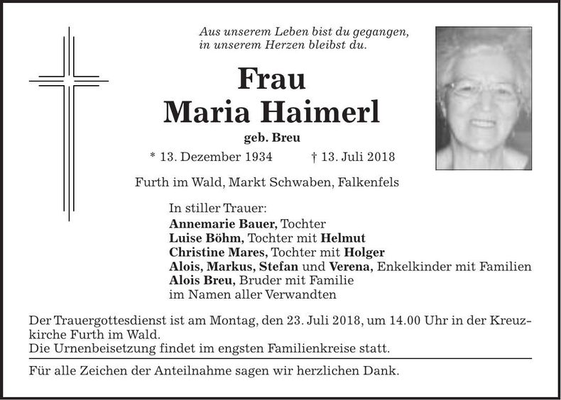 Traueranzeige Maria Haimerl