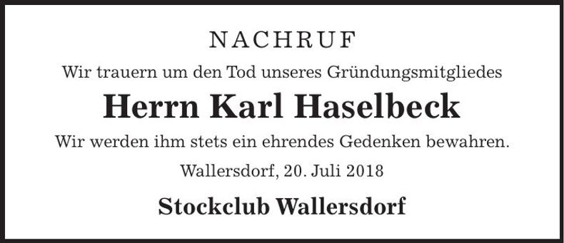 Traueranzeige Karl Haselbeck