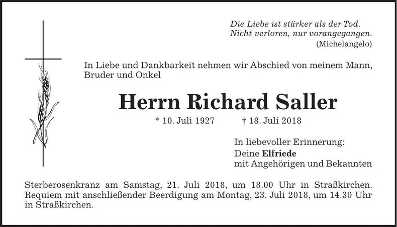 Traueranzeige Richard Saller