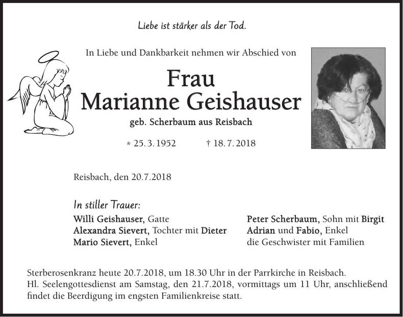 Traueranzeige Marianne Geishauser