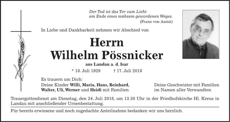 Traueranzeige Wilhelm Pössnicker