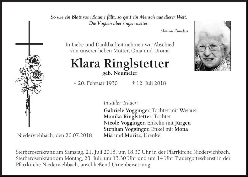 Traueranzeige Klara Ringlstetter