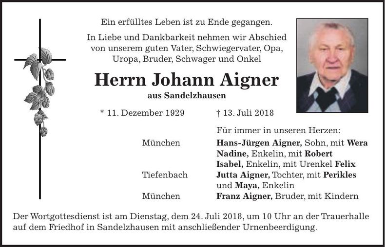 Traueranzeige Johann Aigner