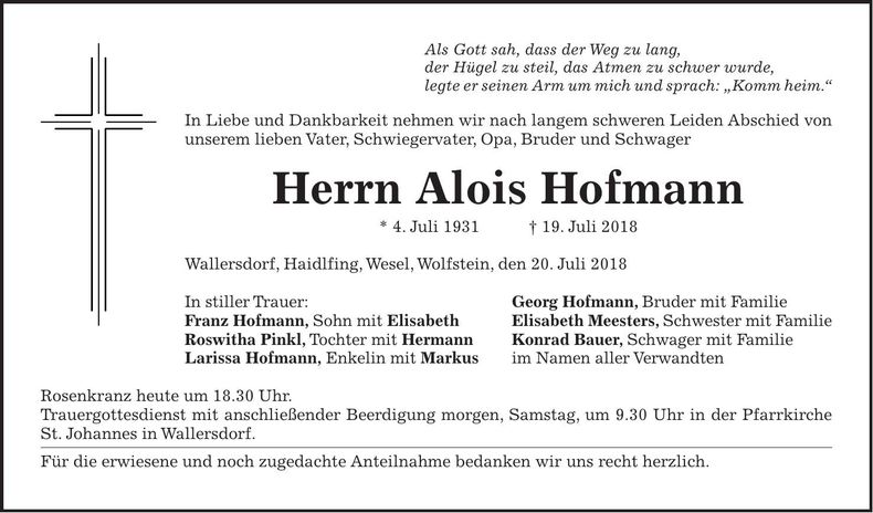 Traueranzeige Alois Hofmann