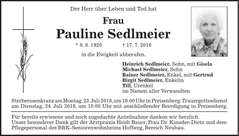 Traueranzeige Pauline Sedlmeier