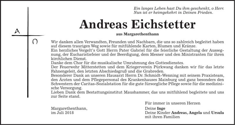Traueranzeige Andreas Eichstetter