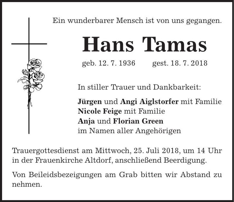 Traueranzeige Hans Tamas