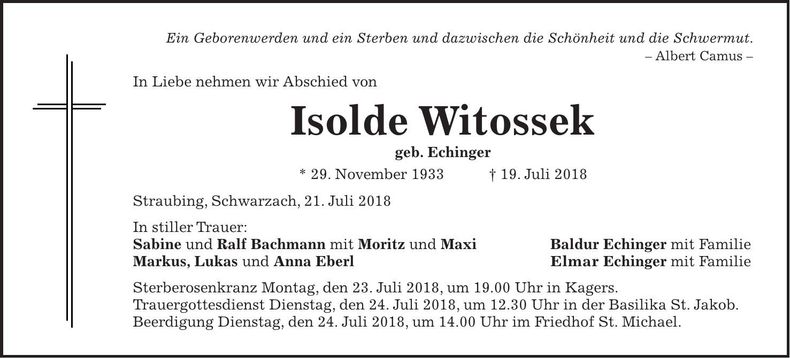 Traueranzeige Isolde Witosske
