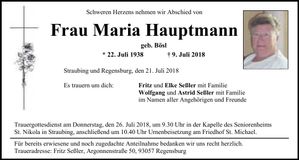 Traueranzeige Maria Hauptmann