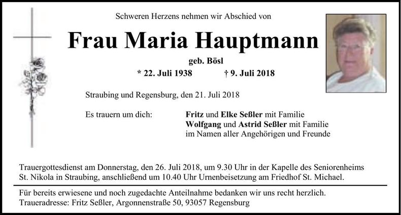 Traueranzeige Maria Hauptmann