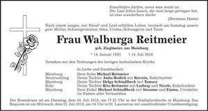 Traueranzeige Walburga Reitmeier