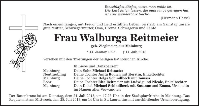 Traueranzeige Walburga Reitmeier
