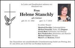 Traueranzeige Helene Stanchly