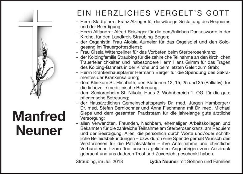 Traueranzeige Manfred Neuner