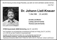 Traueranzeige Johann Dr. Listl-Knauer