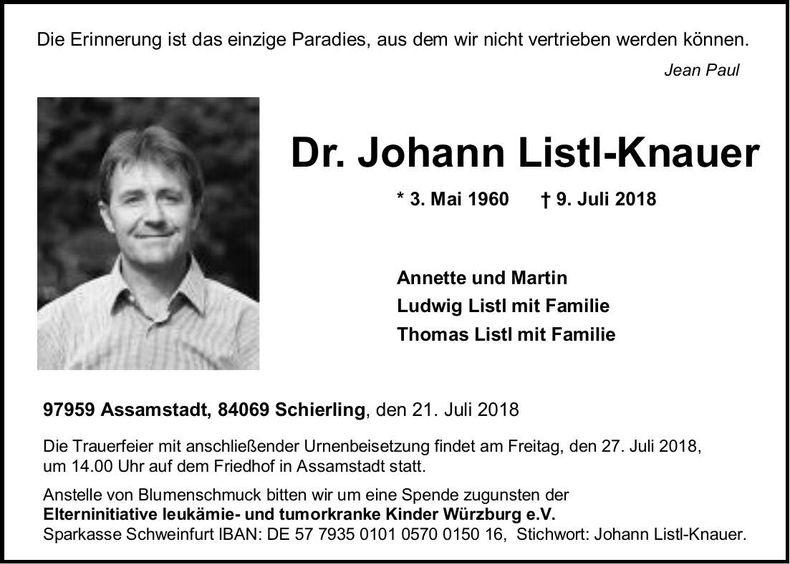 Traueranzeige Johann Dr. Listl-Knauer
