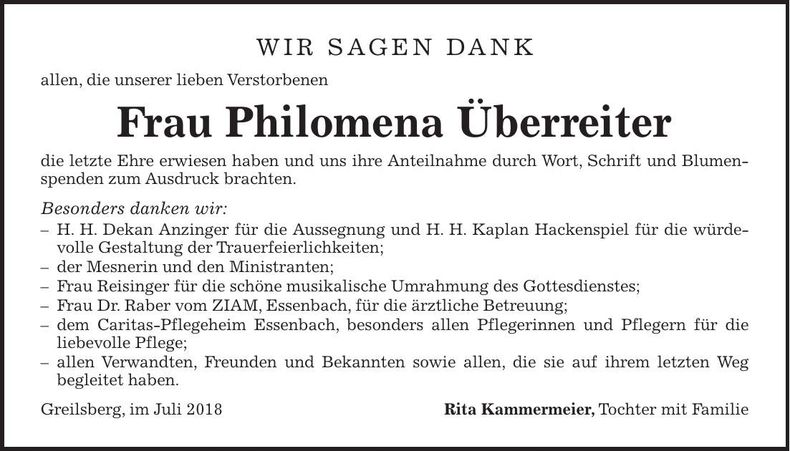 Traueranzeige Philomena Überreiter
