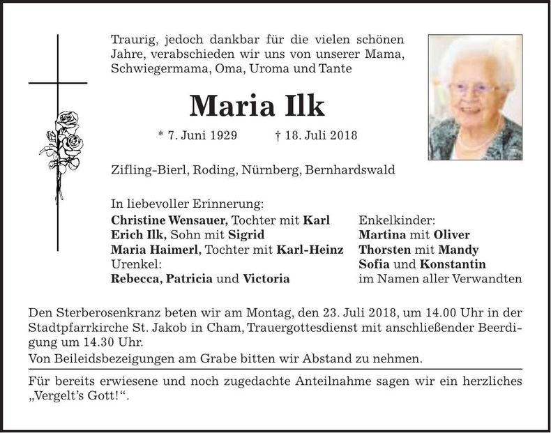 Traueranzeige Maria Ilk