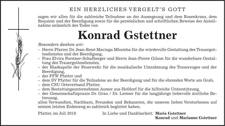 Traueranzeige Konrad Gstettner