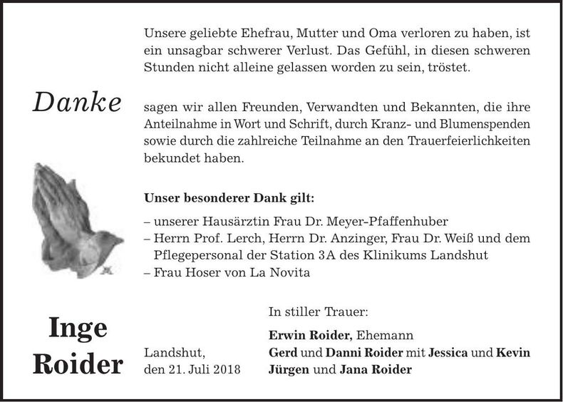 Traueranzeige Inge Roider