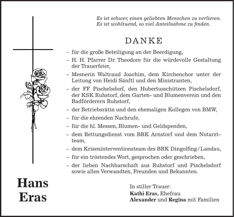 Traueranzeige Hans Eras