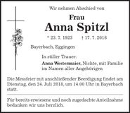 Traueranzeige Anna Spitzl