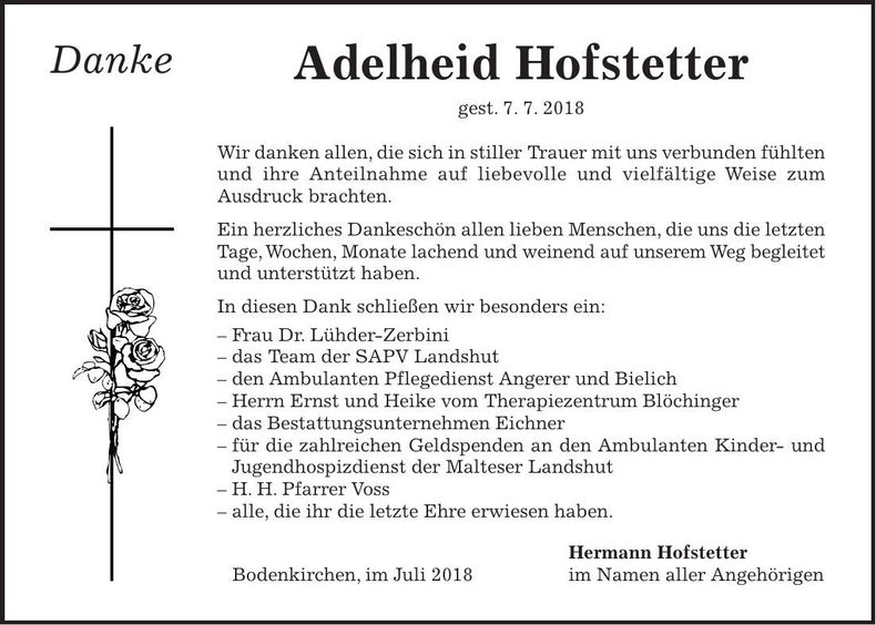 Traueranzeige Adelheid Hofstetter