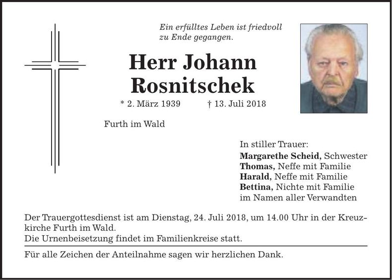 Traueranzeige Johann Rosnischek