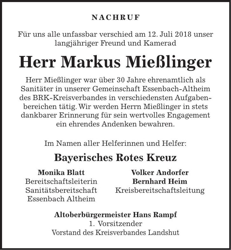 Traueranzeige Markus Mießlinger