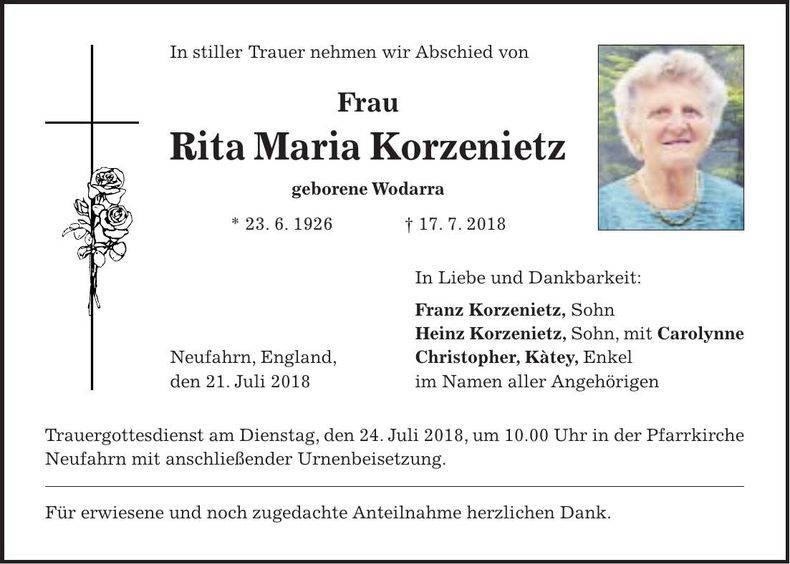Traueranzeige Rita Maria Korzenietz