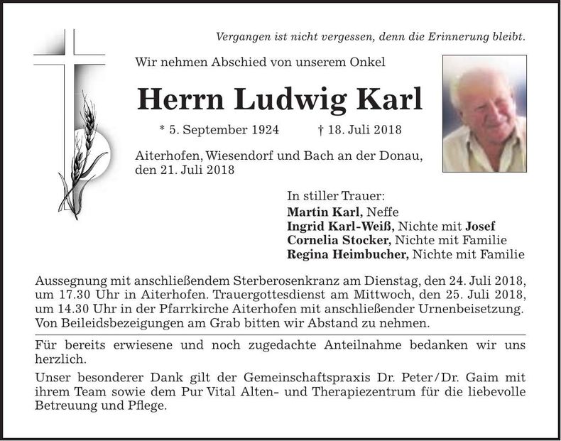 Traueranzeige Ludwig Karl