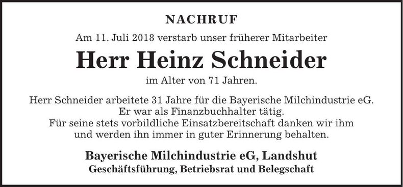 Traueranzeige Heinz Schneider