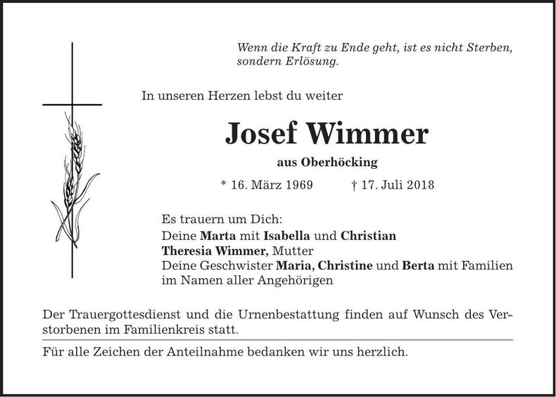 Traueranzeige Josef Wimmer
