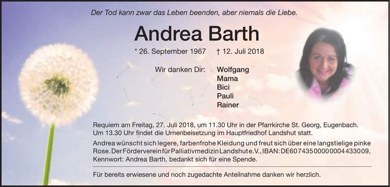 Traueranzeige Andrea Barth