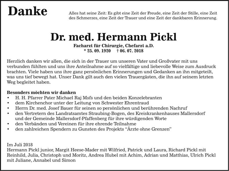 Traueranzeige Hermann Dr. med.  Pickl