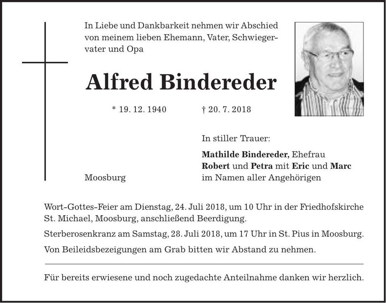 Traueranzeige Alfred Bindereder
