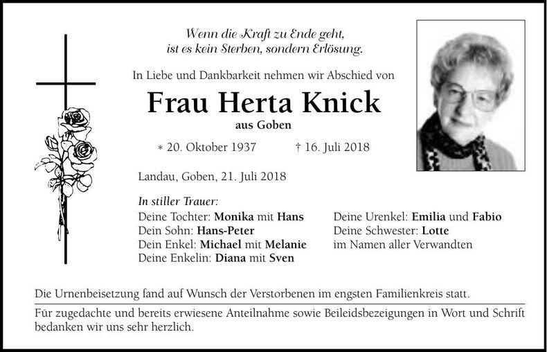 Traueranzeige Herta Knick