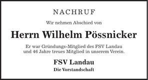Traueranzeige Wilhelm Pössnicker
