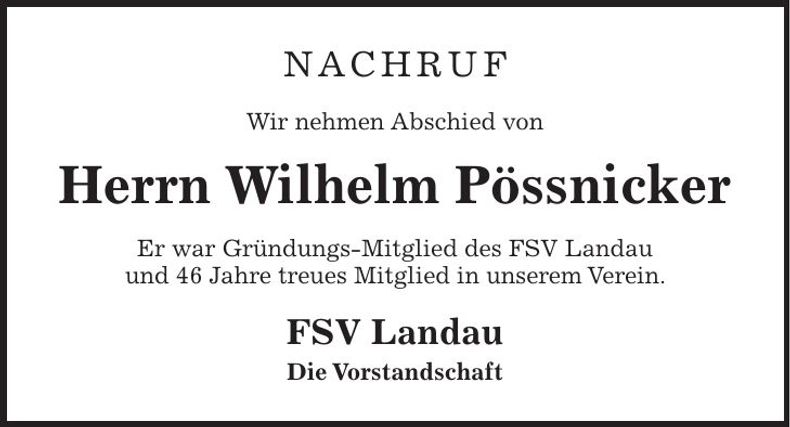 Traueranzeige Wilhelm Pössnicker