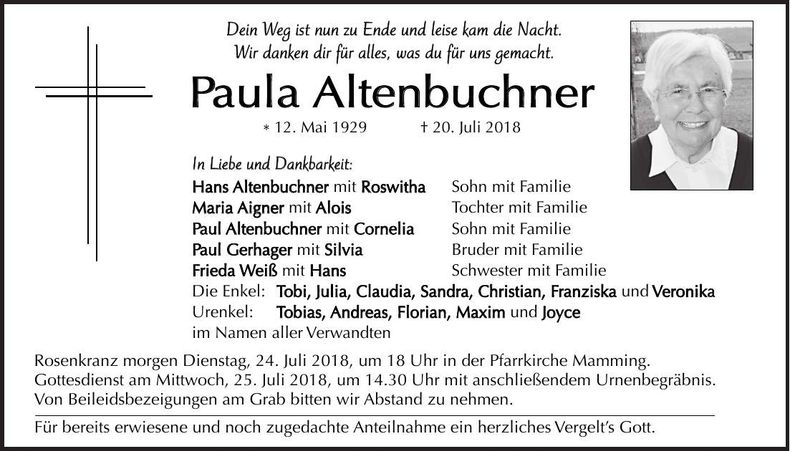 Traueranzeige Paula Altenbuchner