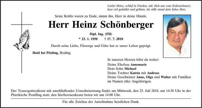 Traueranzeige Heinz Schönberger