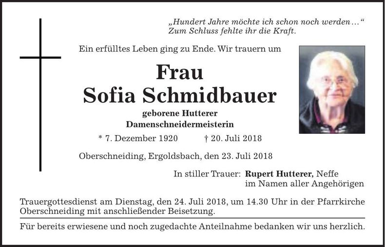 Traueranzeige Sofia Schmidbauer