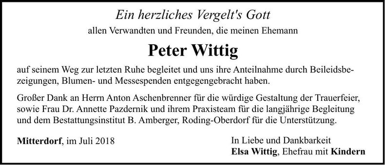 Traueranzeige Peter Wittig