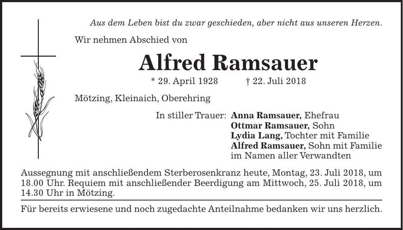 Traueranzeige Alfred Ramsauer