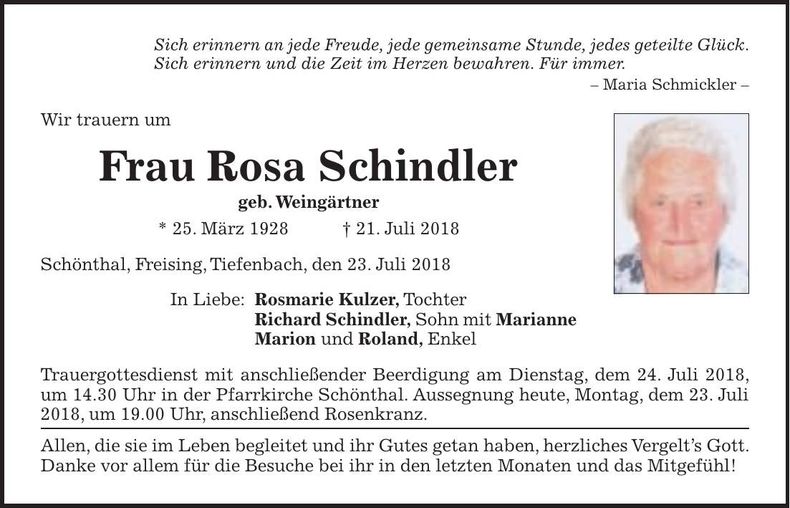 Traueranzeige Rosa Schindler