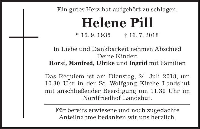 Traueranzeige Helene Pill
