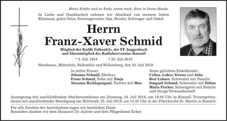 Traueranzeige Franz-Xaver Schmid