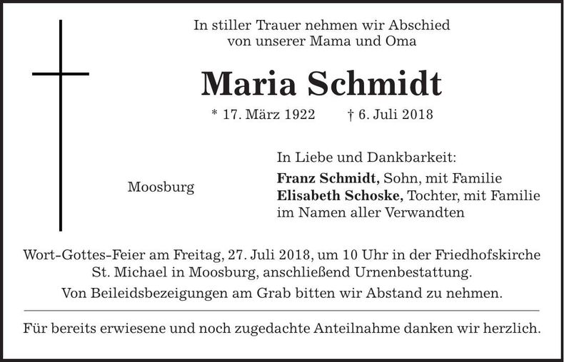 Traueranzeige Maria Schmidt