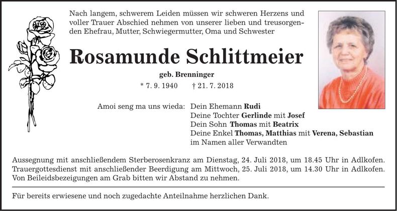 Traueranzeige Rosamunde Schlittmeier