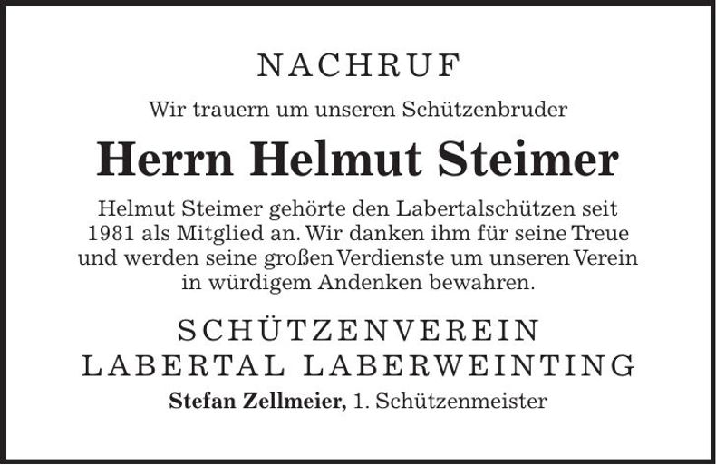 Traueranzeige Helmut Steimer
